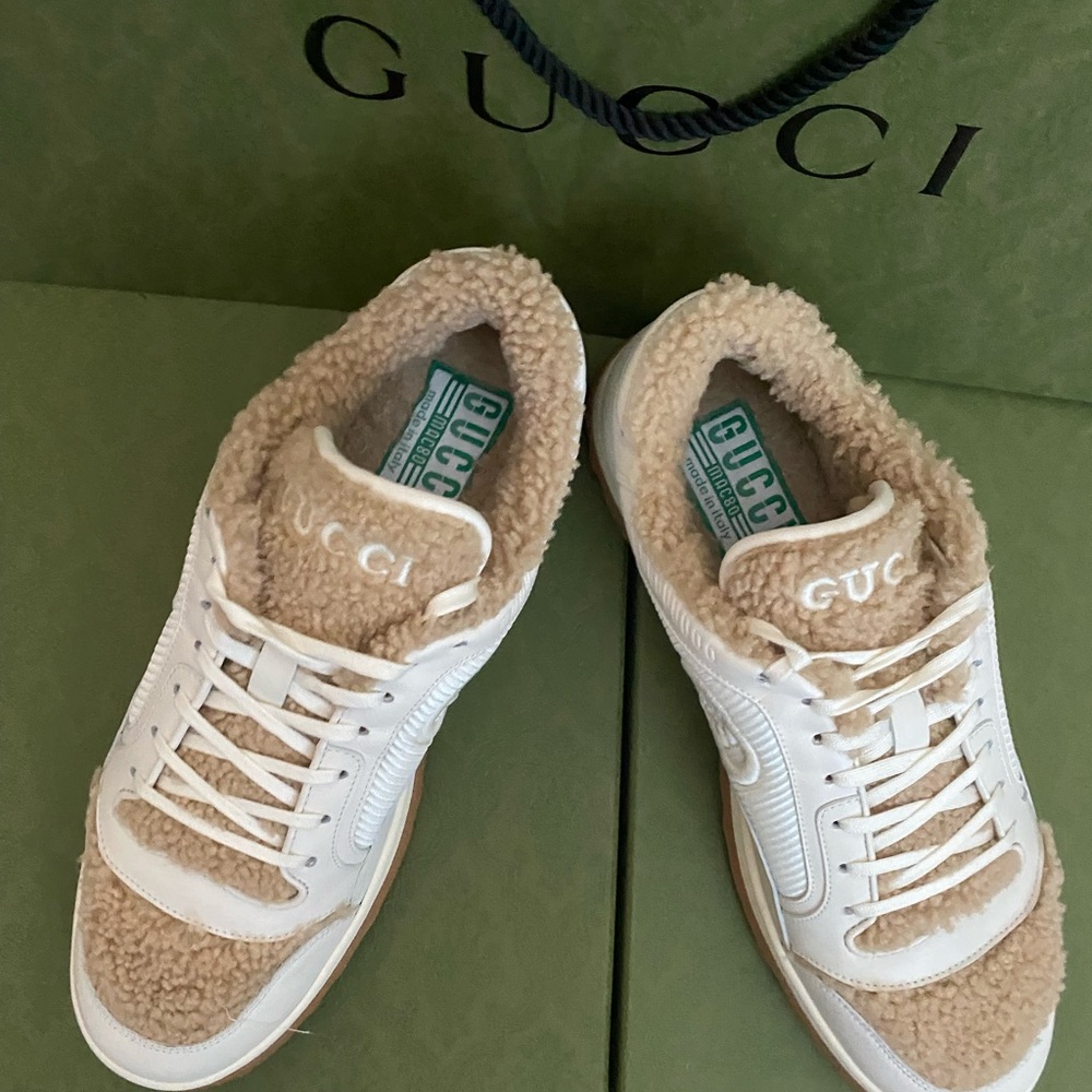 Men’s Gucci Cream and White Fur-trimmed Sneakers